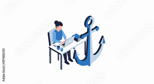 Isometric Business Stability Concept: Woman Working at Desk with Large Anchor, Symbolizing Security, Reliability, and Foundation in Professional Work