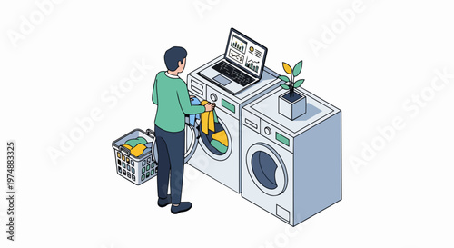 Isometric Vector Illustration of a Man Working Remotely on Laptop While Doing Laundry, Concept of Work-Life Balance and Productivity at Home