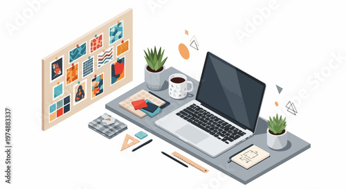 Isometric Illustration of a Modern Creative Workspace with Laptop, Mood Board, and Design Tools