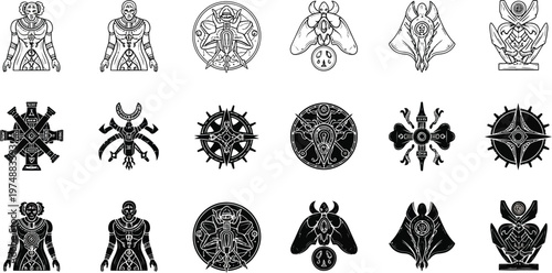 Collection of intricate black and white tribal mask and emblem designs