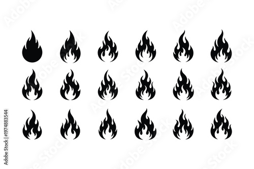 Collection of 19 Black and White Fire Icons, Various Styles and Sizes, Isolated on White Background for Graphic Design Use