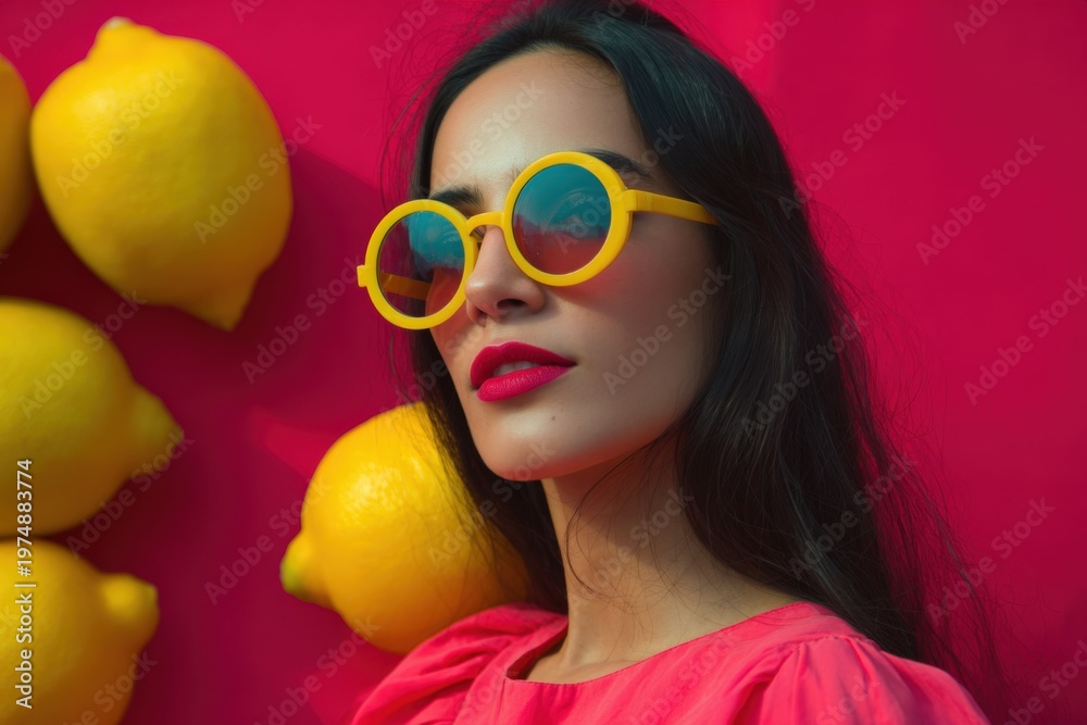 Fototapeta premium Young caucasian female yellow round sunglasses with lemons on pink background stylish summer portrait with bright lipstick and colorful fashion styling