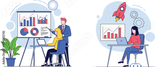  Business Analytics and Startup Growth Illustration with Team Data Analysis Charts Graphs and Rocket Launch Concept for Corporate Strategy and Digital Marketing Design