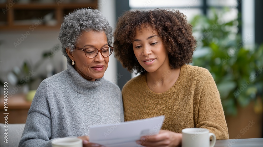 Fototapeta premium Elderly woman and millennial daughter reviewing house blueprints at kitchen table with mortgage documents spread between coffee mugs, spring sunlight streaming through window, perfect for
