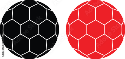 Comparison of black and red soccer balls with pentagonal and hexagonal patterns