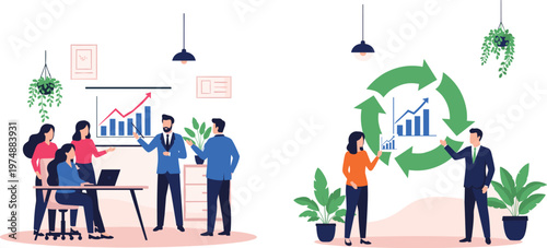 Business Team Presentation and Growth Cycle Illustration with Data Charts Analytics and Collaboration Concept for Corporate Strategy and Sustainable Development Design