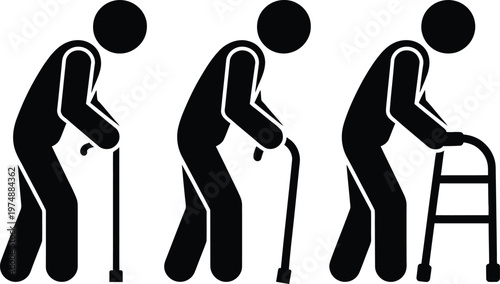 Elderly person using different types of mobility aids
