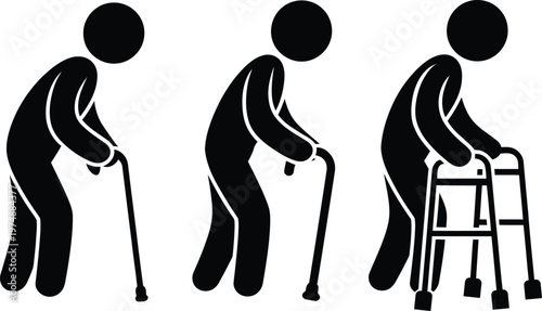 Elderly individuals using different mobility aids for support and stability