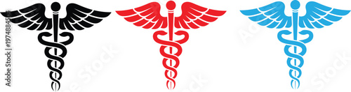 Three variations of the caduceus symbol in different color schemes