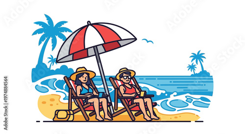 Two Women Relaxing on Beach.