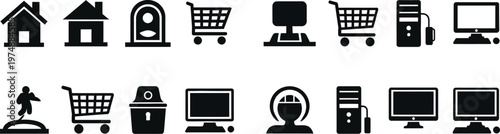 Black silhouette icons home shopping computer and user related symbols
