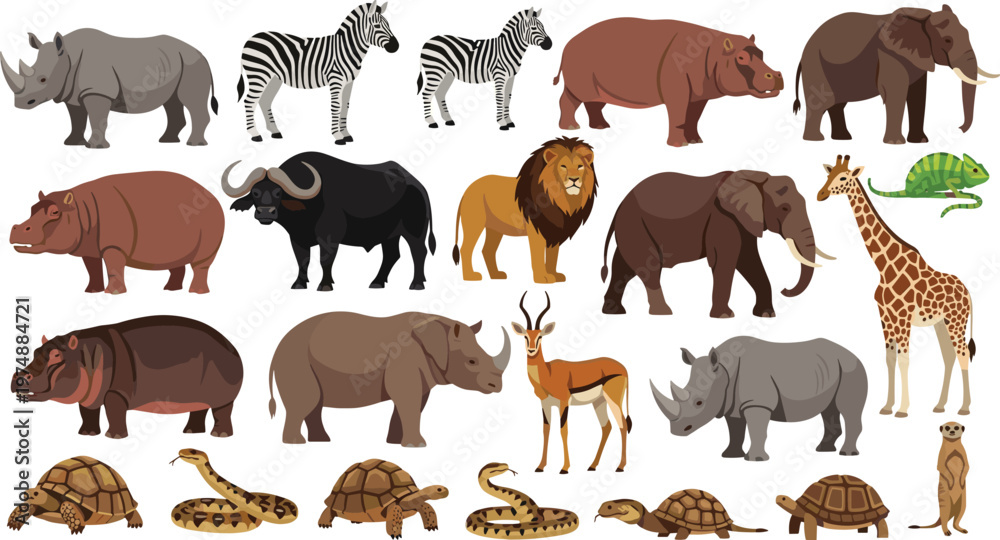 Obraz premium African Safari Animals Vector Illustration Set Featuring Elephant, Lion, Giraffe, Zebra, Rhino, Hippo, Buffalo, Tortoise, Snake, and Chameleon in Flat Cartoon Style.