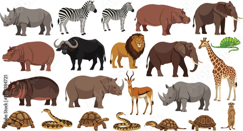 African Safari Animals Vector Illustration Set Featuring Elephant, Lion, Giraffe, Zebra, Rhino, Hippo, Buffalo, Tortoise, Snake, and Chameleon in Flat Cartoon Style.