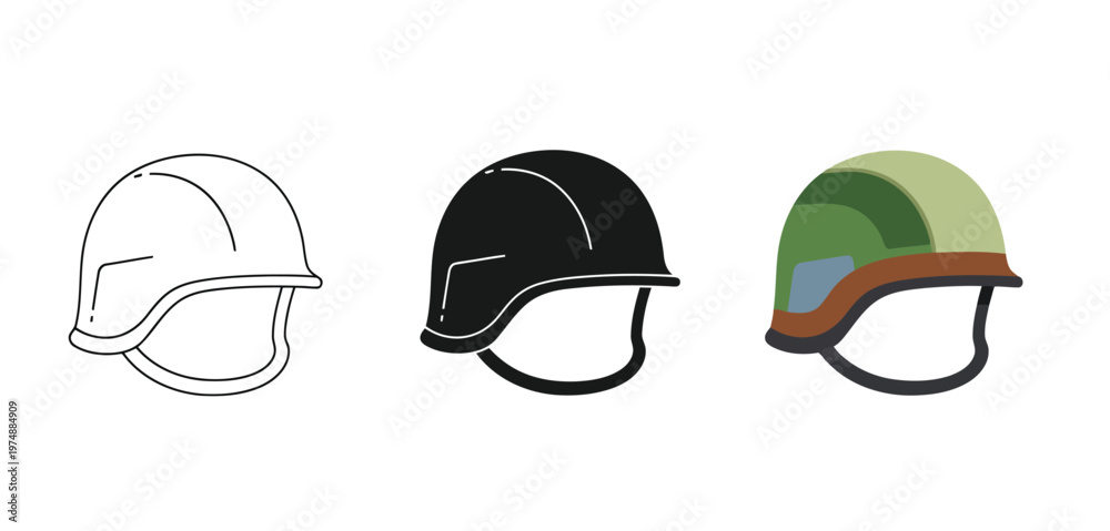 Fototapeta premium Military helmets Icon Vector Set in Three Styles — Line Art, Silhouette and Color Version,