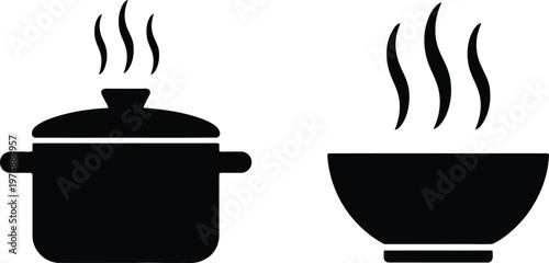 Steaming pot and bowl with rising steam indicating hot cooking process