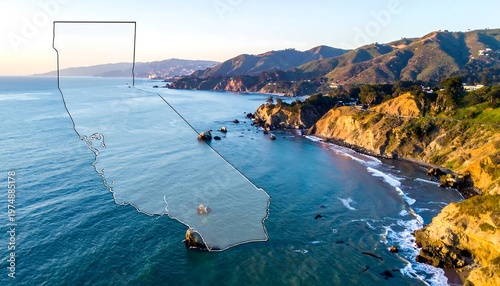 Scenic coast with California overlay, aerial view, blue water, cliffs, and green trees under a golden sky