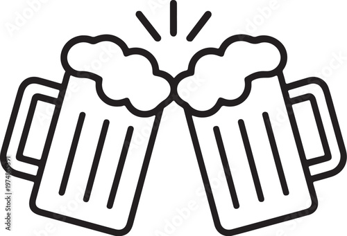 Two beer mugs clinking with splashing foam, color and black white illustration