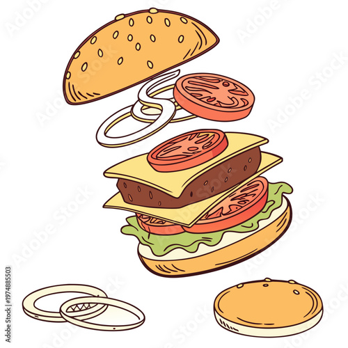 An exploded view illustration depicts a classic cheeseburger with layers of ingredients floating above its bottom bun high quality professional detailed modern