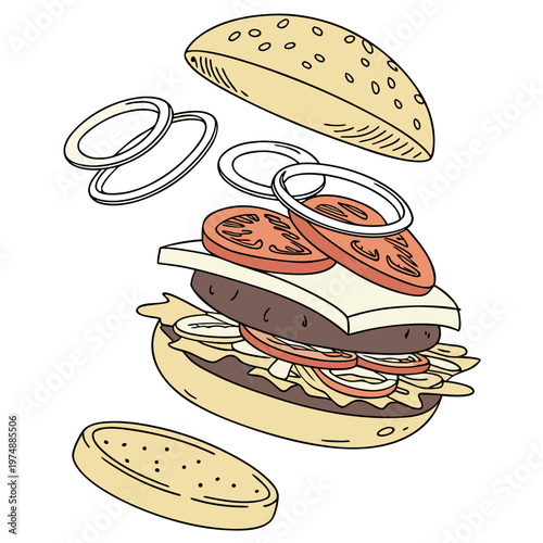 An exploded view illustration depicts a classic hamburger with its components separated showcasing each layer distinctly high quality professional detailed modern elegant