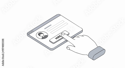Isometric Illustration of Hand Clicking Hire Button on Digital Job Profile Interface