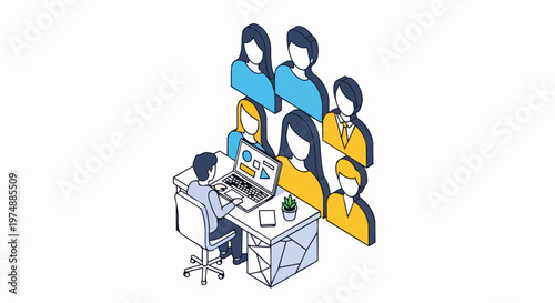 Isometric Human Resources Recruitment and Talent Acquisition Concept with Manager at Desk Managing Professional Candidate Profiles and Team Avatars