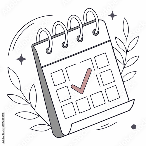 A stylized illustration depicts an open spiral bound calendar with a marked date accompanied by delicate floral elements high quality professional detailed