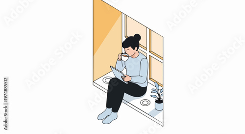 Woman Sitting on Windowsill Drinking Coffee and Using Tablet Illustration - Remote Work and Leisure Concept