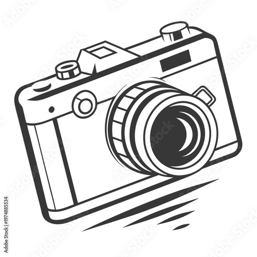 A stylized black and white illustration depicts a vintage rangefinder camera with prominent lens and controls suggesting photography high quality professional detailed