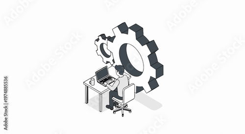 Isometric Illustration of Businessman at Desk with Large Gears Representing Automation, Workflow Efficiency, and System Optimization