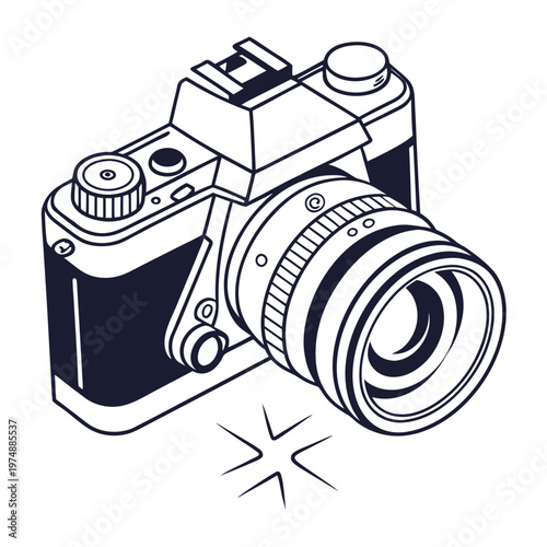 A detailed black and white illustration depicts a vintage single lens reflex camera with a prominent lens and various control dials