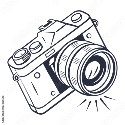A detailed line art illustration showcases a vintage single lens reflex camera emphasizing its classic design and photographic capabilities high quality professional