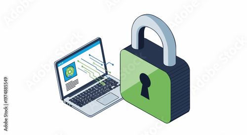 Cybersecurity Concept Illustration featuring an Isometric Laptop Connected to a Large Green Padlock for Data Protection and Digital Privacy