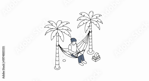 Isometric Line Art of Digital Nomad Working on Laptop in Hammock Between Palm Trees. Remote Work, Freelance Lifestyle, and Tropical Office Concept on White Background.