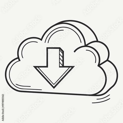 A simple black and white sketch depicts a fluffy cloud with a downward pointing arrow indicating data download or cloud storage transfer