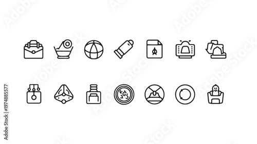 Collection of black and white line art icons representing various objects
