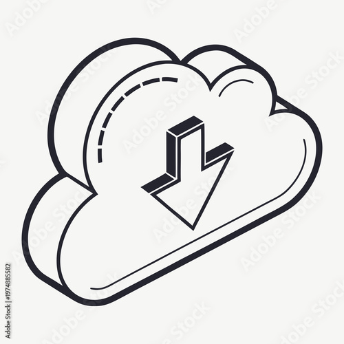 A stylized isometric illustration depicts a fluffy cloud with a prominent downward pointing arrow symbolizing data download or cloud services high quality