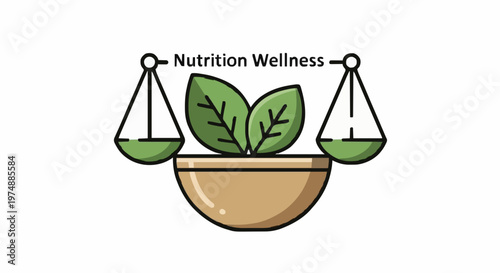 Vector graphic of a balance scale with green leaves, symbolizing healthy nutrition and overall well-being for a balanced life
