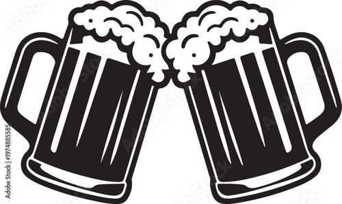 Two beer mugs clinking with splashing foam, color and black white illustration