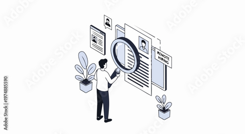 Isometric Illustration of a Recruiter Screening Candidate Resumes for Remote Hiring
