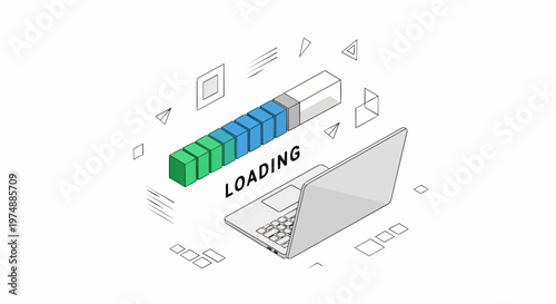 Isometric Laptop with 3D Loading Progress Bar Illustration - Software Update, System Download, and Data Processing Concept for Technology Web Design