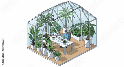 Isometric Illustration of a Freelancer Working in a Glass Greenhouse Office Surrounded by Tropical Plants and Monstera