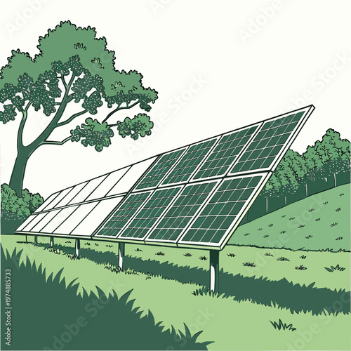 A vibrant illustration depicts a large array of solar panels positioned in a lush green field alongside a mature tree high quality