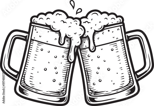 Two beer mugs clinking with splashing foam, color and black white illustration