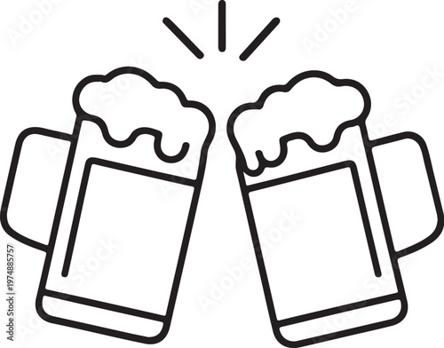 Two beer mugs clinking with splashing foam, color and black white illustration