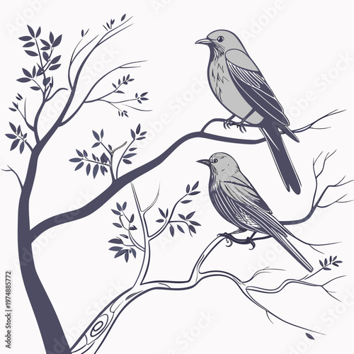 Two small gray birds perch on delicate branches of a tree rendered in a minimalist illustrative style with muted tones high quality