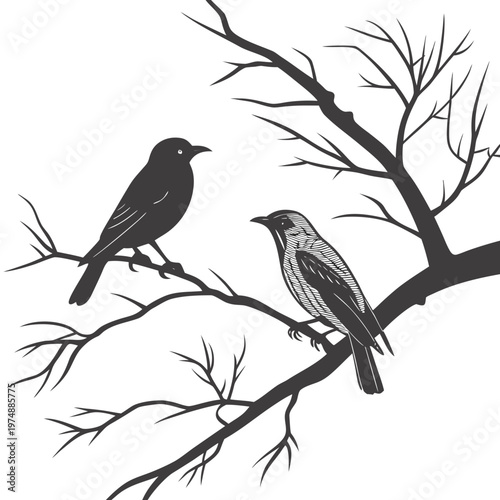 A detailed black and white illustration depicts two small birds perched on a bare twisting tree branch against a white background