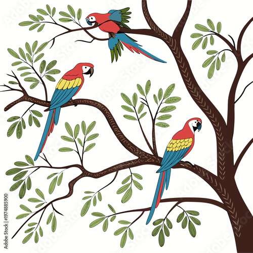 A vibrant illustration depicts three colorful macaws perched on branches of a brown tree surrounded by lush green leaves high quality professional