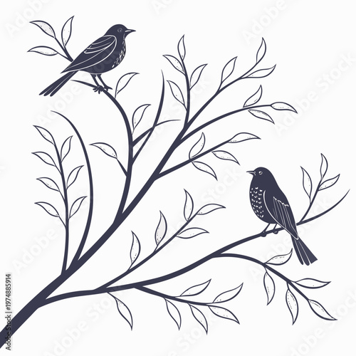 A delicate line art illustration depicts two birds perched on branches showcasing a minimalist and natural aesthetic high quality professional detailed modern
