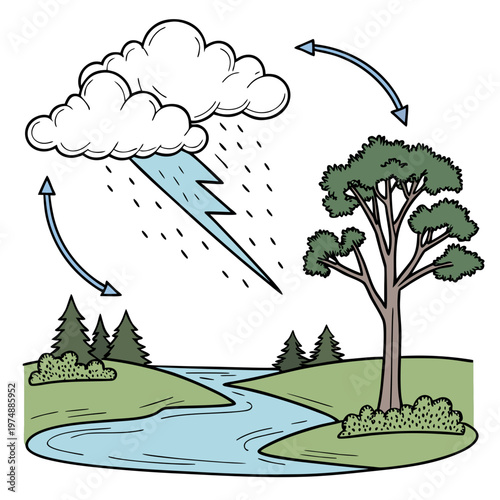 This illustration depicts the water cycle showing evaporation condensation precipitation and collection with trees and a river high quality professional detailed modern