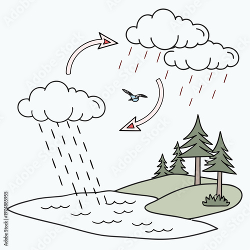 This colorful illustration depicts the water cycle with evaporation condensation precipitation and collection processes shown visually high quality professional detailed modern elegant